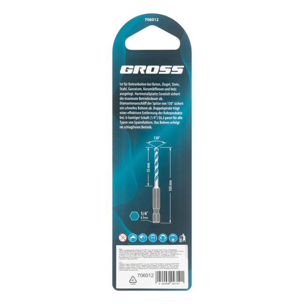 Сверло универсальное, Multipurpose PRO, 6-гр. хвостовик, 6мм Gross