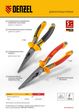 Длинногубцы прямые, диэлектрические рукоятки до 1000 В, трехкомпонентные рукоятки, 205мм Denzel