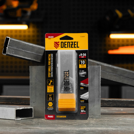 Сверло ступенчатое, 9-12-15-18-21-24-27-30-33-36 мм, Р6М5, 6-гр. хвостовик Denzel