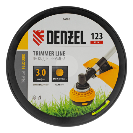 Леска для триммера круглая, 3,0мм х 123м, на DIN катушке FLEX CORD,  Denzel цена