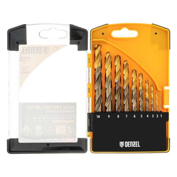 Набор сверл по металлу, 1-10 мм, Р6М5К8-TiN, Golden Tip, 10 шт Denzel