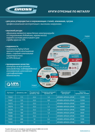 Круг отрезной по металлу, 125 х 0,8 х 22,2 мм, WA60TBF// Gross