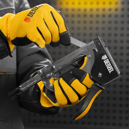 Степлер металл., скобы в комплекте, плавная регулировка удара, 2К рукоятка, тип 53, 4-14 мм Denzel цена