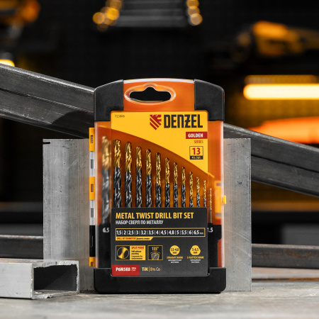 Набор сверл по металлу, 1,5-6,5мм, Р6М5К8-TiN, Golden Tip, 13 шт Denzel