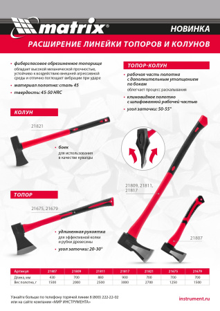 Топор, 1250 г, фибергласовое топорище 700 мм Matrix цена