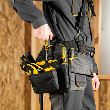 Пояс монтажника усиленный, с лямками, сумки поясные, держатель для молотка Denzel цена