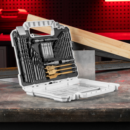 Набор сверл комбинированный, сверла по металлу 1-6.5 мм, бетону 4-8 мм, дереву 4-10 мм, перовые 16,22,25 мм, биты 20 шт, адаптер, головки 2 шт, зенковка, 50 предметов Pro Matrix