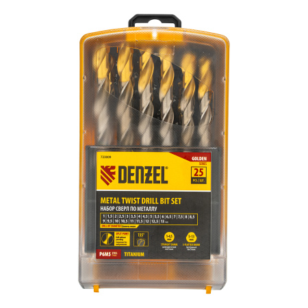 Набор сверл по металлу, 1-13 мм, Р6М5-TiN, Golden Tip, 25 шт Denzel