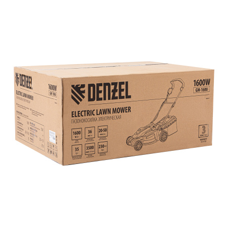 Газонокосилка электрическая GM-1600, 1600 Вт, ширина 36 см, 3 уровя, травосборник 35 л. Denzel цена