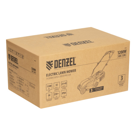 Газонокосилка электрическая GMC-1200, шир.,32см, 1200 Вт, 3 уров., травосб. 30 л Denzel цена