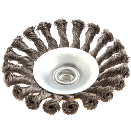 Щетка для УШМ, 125 мм, "Тарелка", крученая нержавеющая проволока 0.5 мм, М14 Denzel