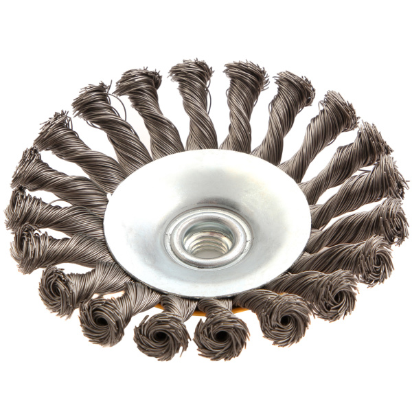 Щетка для УШМ, 125 мм, "Тарелка", крученая нержавеющая проволока 0.5 мм, М14 Denzel