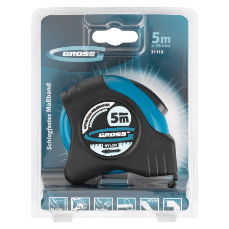 Рулетка "Schlagfest",5 м x 25 мм,магнитный обрезиненный зацеп,двусторонняя шкала,Нейлоновое покрытие,автоматическая фиксация Gross цена