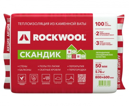Утеплитель Rockwool Лайт Баттс Скандик 800х600х100 мм 2.88м2 0.288м3 6шт