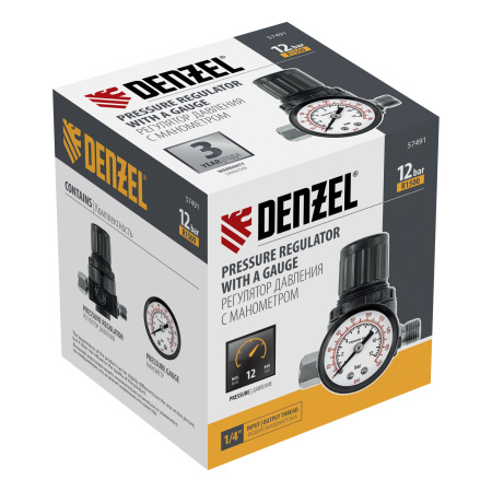 Регулятор давления с манометром R1500, 12 бар, 1/4" Denzel цена