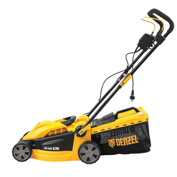 Газонокосилка электрическая GM-1600, 1600 Вт, ширина 36 см, 3 уровя, травосборник 35 л. Denzel цена