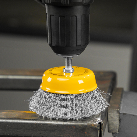 Щетка для дрели, 75 мм, Чашка, со шпилькой, нержавеющая витая проволока Denzel