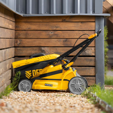 Газонокосилка электрическая GMC-1800, шир. 38см, 1800 Вт, 6 уров., травосб. 35 л Denzel цена