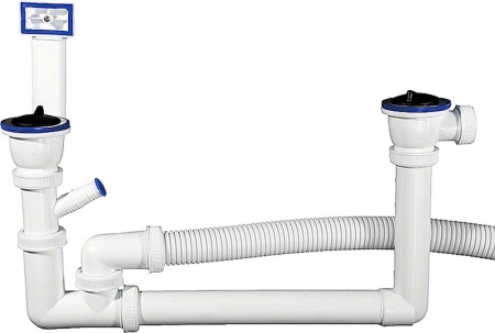 Сифон ЗУБР ″Мастер″ колбовый для двухместной мойки, выпуск - нержавеющая чашка, перелив, отвод для стиральной машины