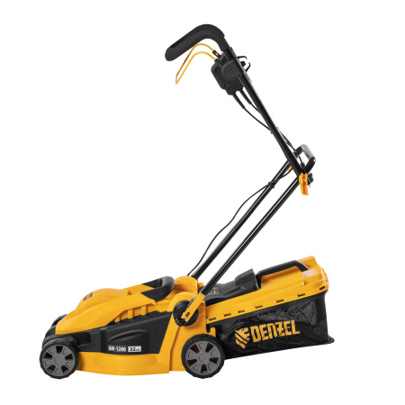 Газонокосилка электрическая GM-1200, 1200 Вт, ширина 32 см, 3 уровня, травосборник 25 л. Denzel цена