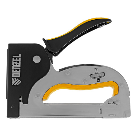 Степлер металл., скобы в комплекте, плавная регулировка удара, 2К рукоятка, тип 53, 4-14 мм Denzel цена