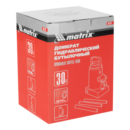 Домкрат гидравлический бутылочный, 30 т, высота подъема 260-415 мм Matrix цена