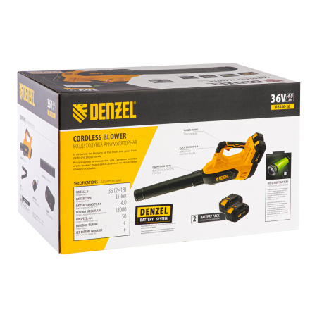 Воздуходувка аккумуляторная RB180-36, Li-ion, 36 В, 4 Ач, 180 км/ч, 820 м3/ч Denzel цена