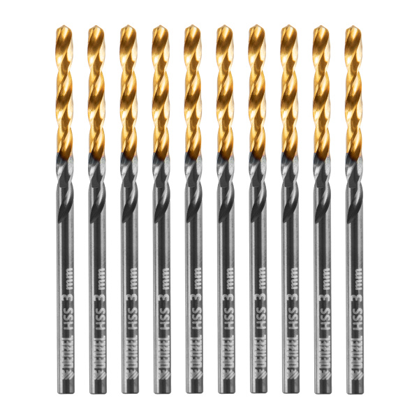 Сверло по металлу, 3 мм, HSS-Tin, Golden Tip, 10 шт. Denzel