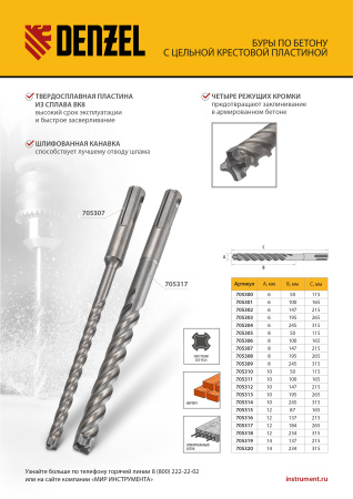 Бур по бетону, цельная крестовая пластина, 10x265 мм, SDS PLUS Denzel