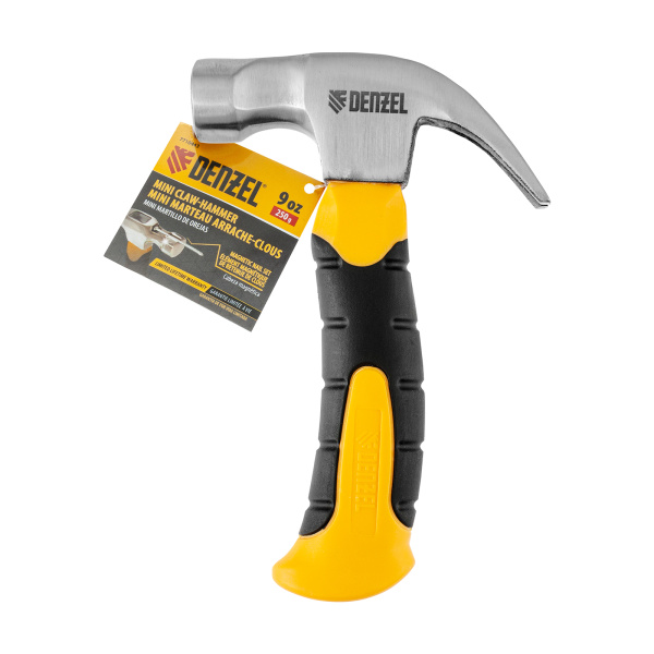 Молоток-гвоздодер мини, боек с магнитом, фибергласовая двухкомпонентная рукоятка, 9oz, 250г// Denzel