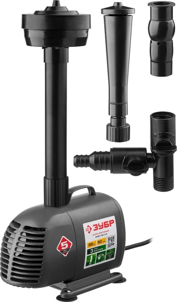 Насос фонтанный, ЗУБР ЗНФЧ-50-3.4, для чистой воды, напор 3,4 м, насадки: колокольчик, гейзер, каскад, 85 Вт, 50 л/мин ЗНФЧ-50-3.4