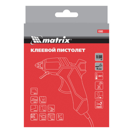 Клеевой пистолет, 7 мм, 15 (60) Вт, 8 г/мин Matrix цена
