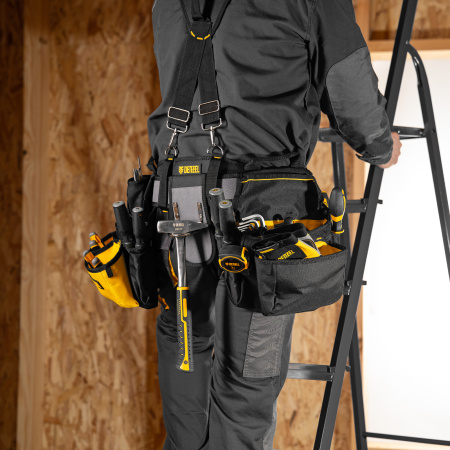 Пояс монтажника усиленный, с лямками, сумки поясные, держатель для молотка Denzel цена