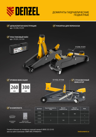 Домкрат гидравлический подкатной с фиксатором, 2 т, 130-330 мм Denzel цена