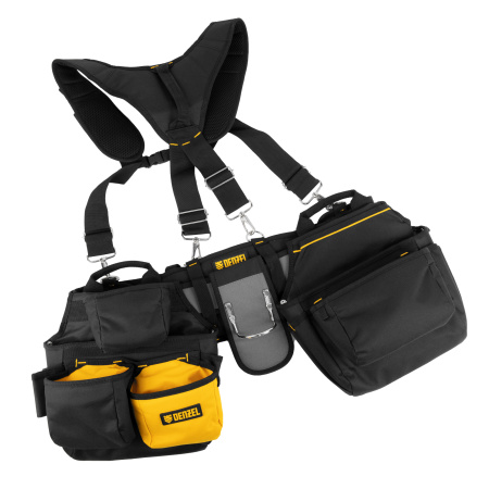 Пояс монтажника усиленный, с лямками, сумки поясные, держатель для молотка Denzel цена