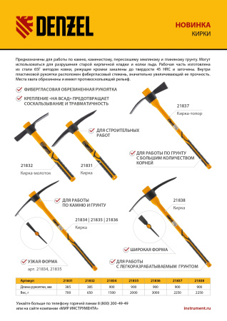 Кирка 2000 г, узкая, фиберглассовая обрезиненная рукоятка 900 мм Denzel цена