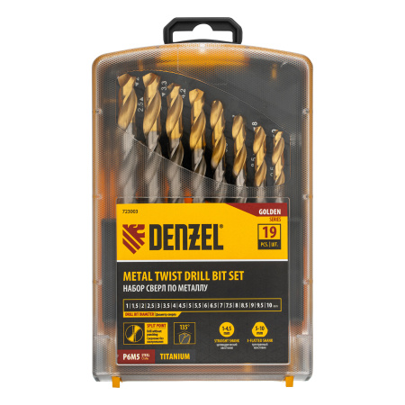 Набор сверл по металлу, 1-10 мм, Р6М5-TiN, Golden Tip, 19 шт Denzel