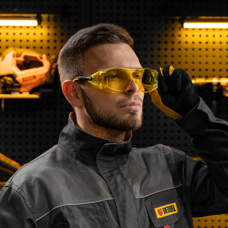 Очки защитные открытые, поликарбонатные, увеличенная желтая линза, регулируемые дужки Denzel цена