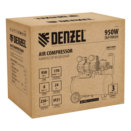 Компрессор безмасл. малошумный DLP-950/24, 950Вт,24 л, 2850 об/мин, 170 л/мин Denzel