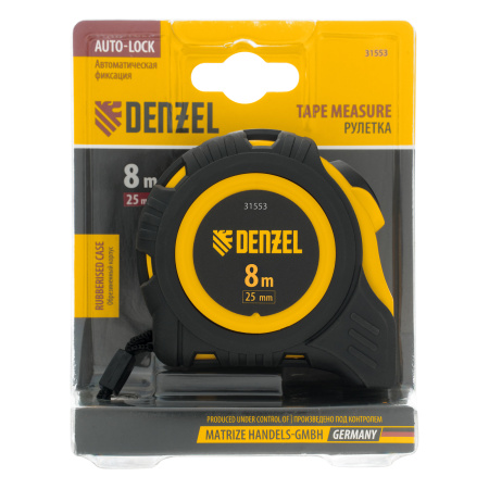Рулетка 8м х 25мм, обрезиненный корпус, автоматическая фиксация Denzel цена