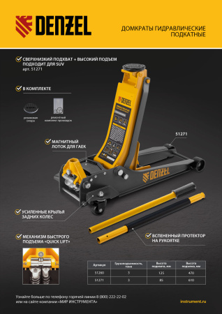 Домкрат гидравлический подкатной, 3 т, 85-610 мм, быстрый подъем, низ. подхват, проф, SUV Denzel цена