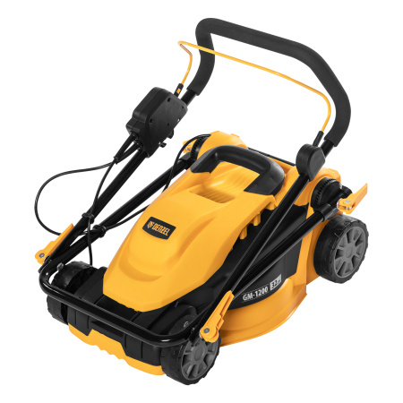 Газонокосилка электрическая GM-1200, 1200 Вт, ширина 32 см, 3 уровня, травосборник 25 л. Denzel цена