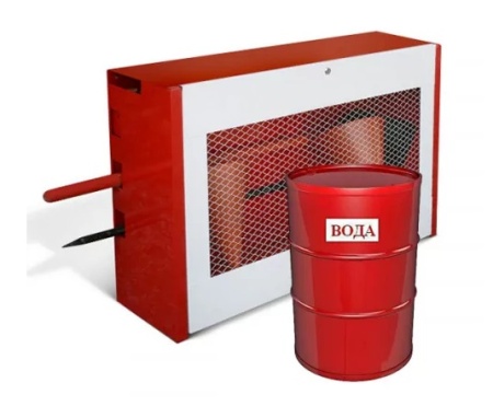 Укомплектованный закрытый пожарный щит 1200х700х300 ЩП-А (щит, багор, лом, лопата х2, ведро, бочка)