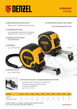 Рулетка 3м х 16мм, двухкомп. корпус, магнитный обрезиненный зацеп Denzel цена