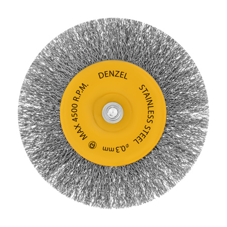 Щетка для дрели 100 мм, Плоская, со шпилькой, нержавеющая витая проволока Denzel