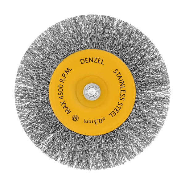 Щетка для дрели 100 мм, Плоская, со шпилькой, нержавеющая витая проволока Denzel