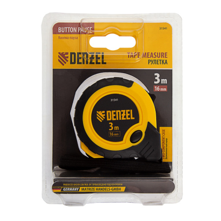 Рулетка 3м х 16мм, двухкомп. корпус, кнопка-пауза Denzel цена