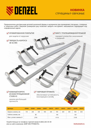 Струбцина F-образная, 120x400мм, кованая Denzel цена