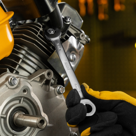 Ключ комбинированный трещоточный, 14 мм, CrV, матовый хром Denzel