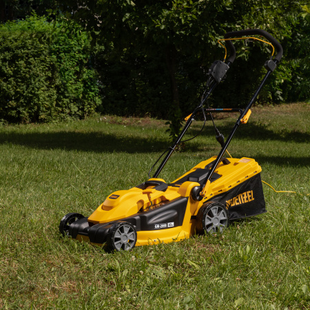 Газонокосилка электрическая GM-2000, 2000 Вт, ширина 43 см, 6 уровней, травосборник 45 л. Denzel цена